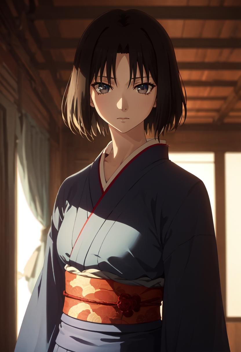 best quality, masterpiece, highres, solo, (ryougi_shiki_karanokyoukai:1.10), 1girl, expressionless, portrait, closed mouth, kimono, black eyes, looking at viewer, blurry, anime_style, 8 <lora:ryougi_shiki_karanokyoukai:0.80>