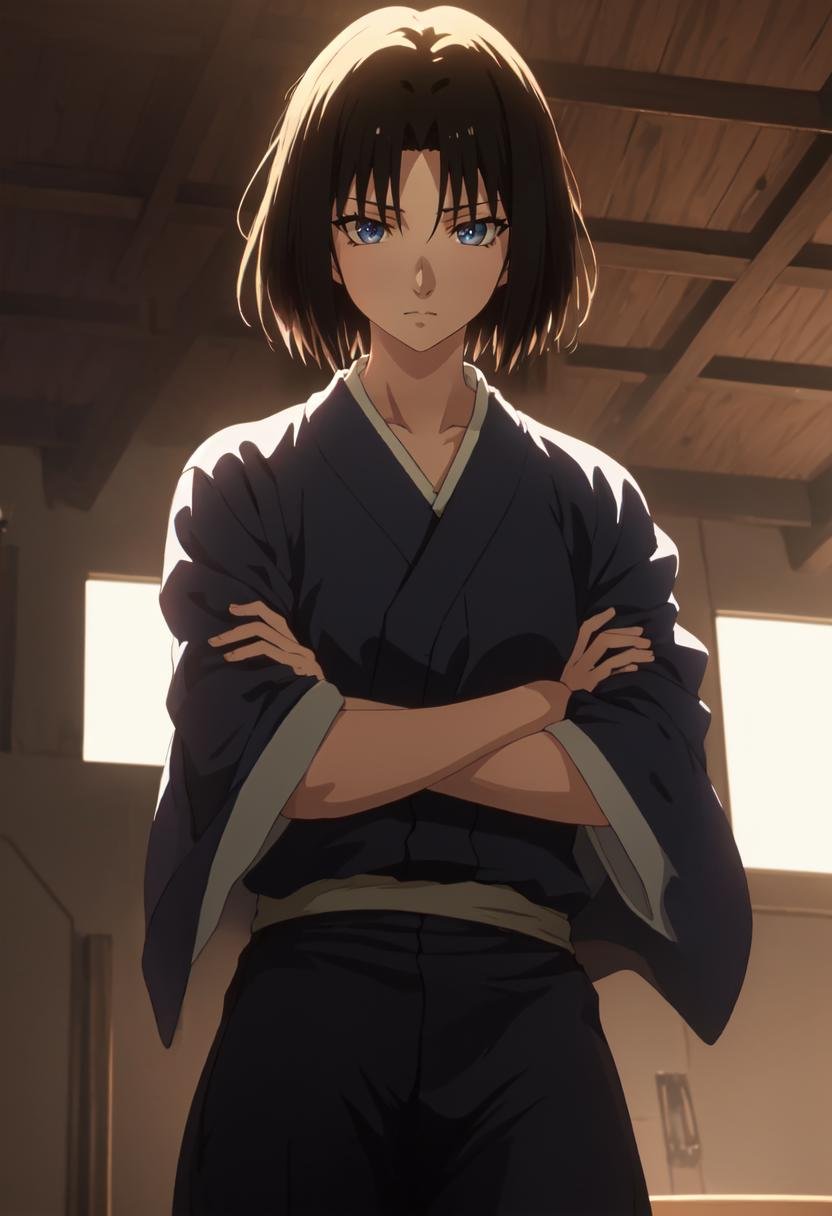 (safe:1.10), best quality, masterpiece, highres, solo, (ryougi_shiki_karanokyoukai:1.10), crossed arms, cowboy shot, looking at viewer, anime_style, 35 <lora:ryougi_shiki_karanokyoukai:0.80>