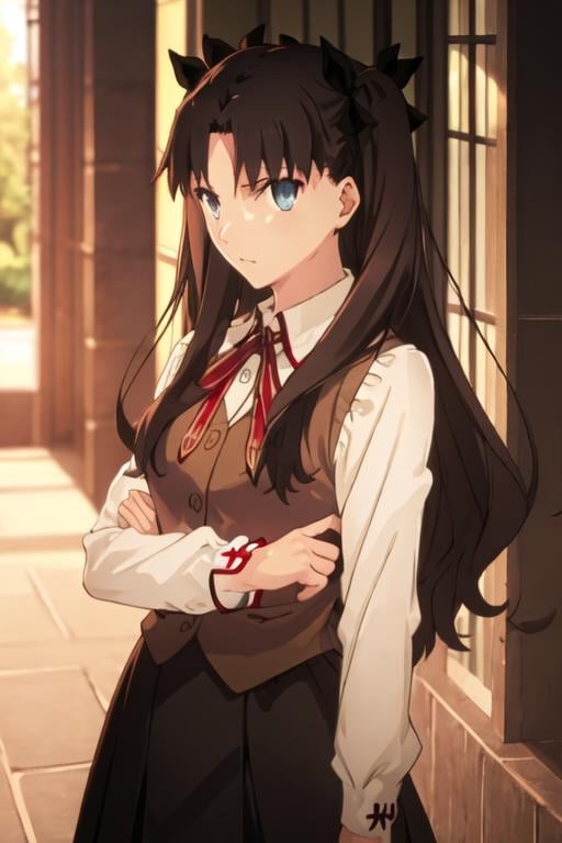 best quality, masterpiece, highres, solo, {tohsaka_rin_fatestaynightufotable:1.15}, long_hair, black_hair, ribbon, two_side_up, hair_ribbon, blue_eyes, brown_hair, 1boy, 1girl, homurahara_academy_school_uniform, school_uniform, solo_focus