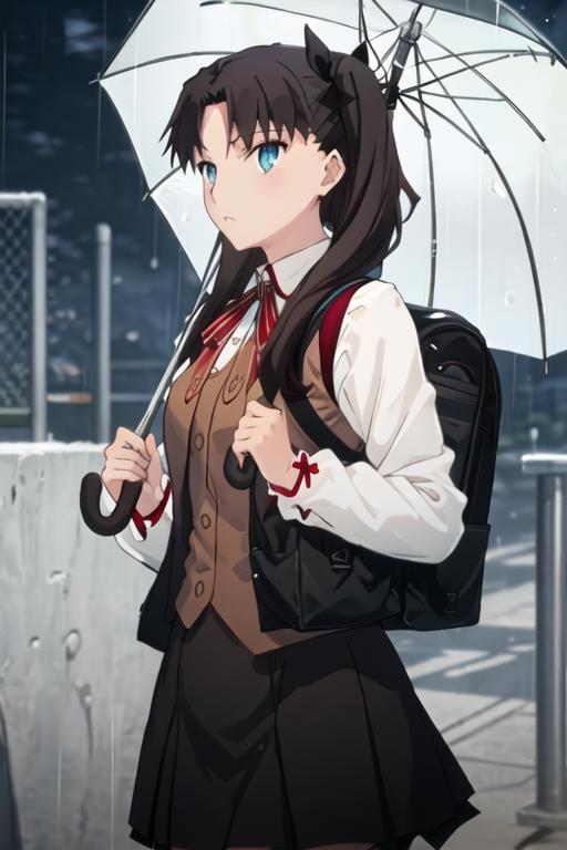 best quality, masterpiece, highres, solo, {tohsaka_rin_fatestaynightufotable:1.15}, long_hair, black_hair, ribbon, two_side_up, hair_ribbon, blue_eyes, brown_hair, 1girl, aged_down, backpack, bag, hat, randoseru, umbrella, holding_umbrella, rain, holding, twintails, pantyhose, parody