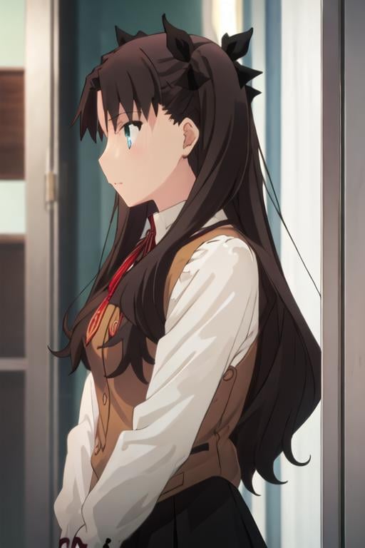 best quality, masterpiece, highres, solo, {tohsaka_rin_fatestaynightufotable:1.15}, long_hair, black_hair, ribbon, two_side_up, hair_ribbon, blue_eyes, brown_hair, 1girl, anime_coloring, homurahara_academy_school_uniform, profile, school_uniform