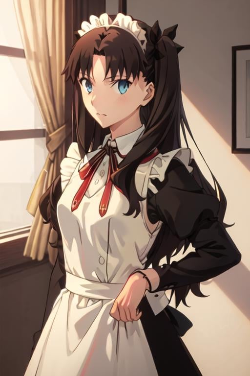 best quality, masterpiece, highres, solo, {maid:1.40}, {long maid dress:1.15}, {tohsaka_rin_fatestaynightufotable:1.15}, long_hair, black_hair, ribbon, two_side_up, hair_ribbon, blue_eyes, brown_hair