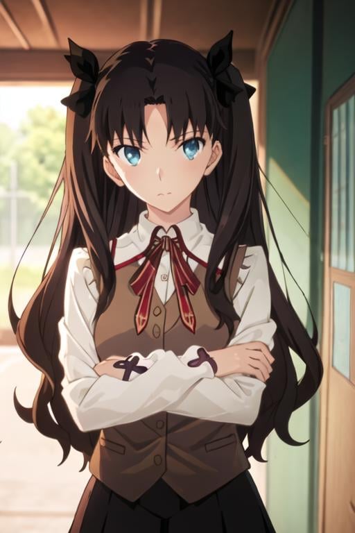 best quality, masterpiece, highres, solo, {tohsaka_rin_fatestaynightufotable:1.15}, long_hair, black_hair, ribbon, two_side_up, hair_ribbon, blue_eyes, brown_hair, 1girl, anime_coloring, homurahara_academy_school_uniform, neck_ribbon, school_uniform, shirt, vest, white_shirt, black_ribbon, collared_shirt, upper_body