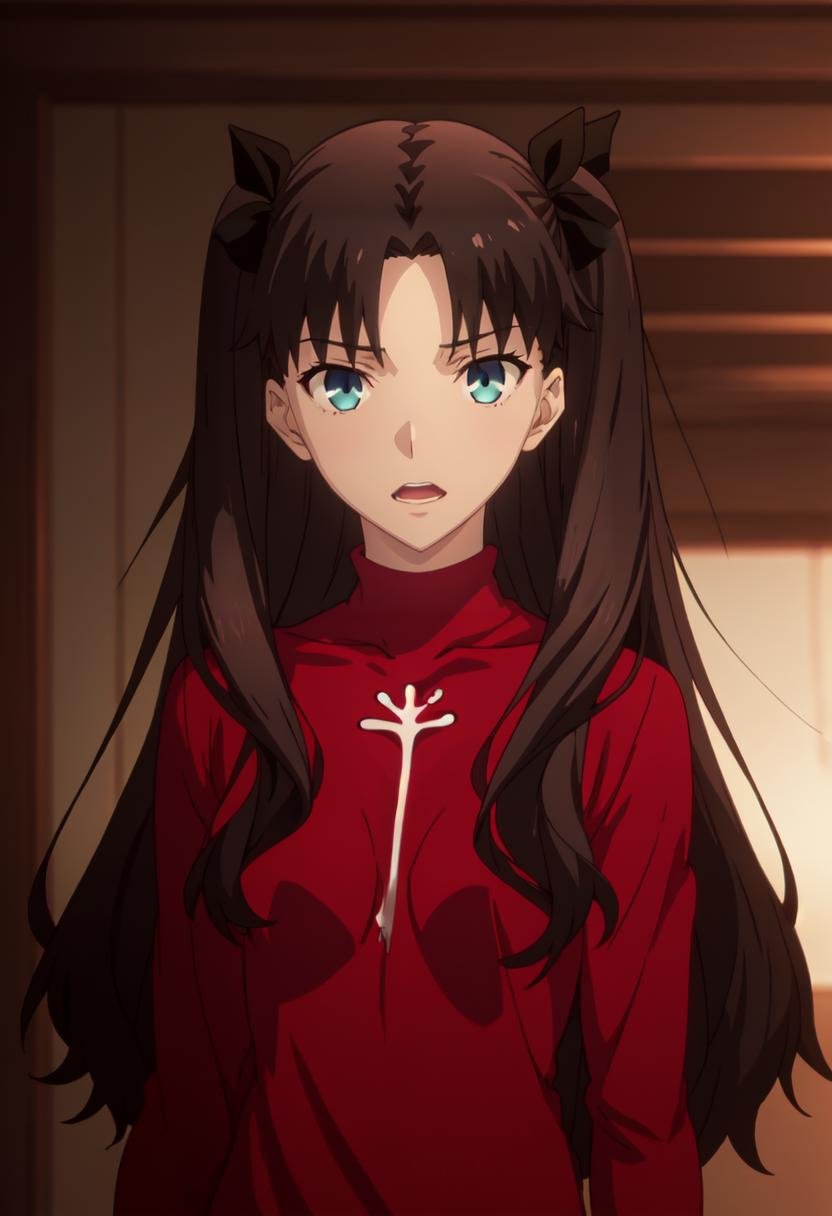 best quality, masterpiece, highres, solo, (tohsaka_rin_fatestaynightufotable:1.10), 1girl, anime_coloring, turtleneck, upper_body, looking_at_viewer, brown_hair, parody, green_eyes, open_mouth, sweater, anime_style, 5 <lora:tohsaka_rin_fatestaynightufotable:0.80>