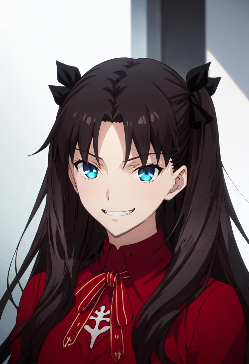 best quality, masterpiece, highres, solo, (tohsaka_rin_fatestaynightufotable:1.10), evil_grin, evil_smile, grin, portrait, looking at viewer, anime_style, 47 <lora:tohsaka_rin_fatestaynightufotable:0.80>
