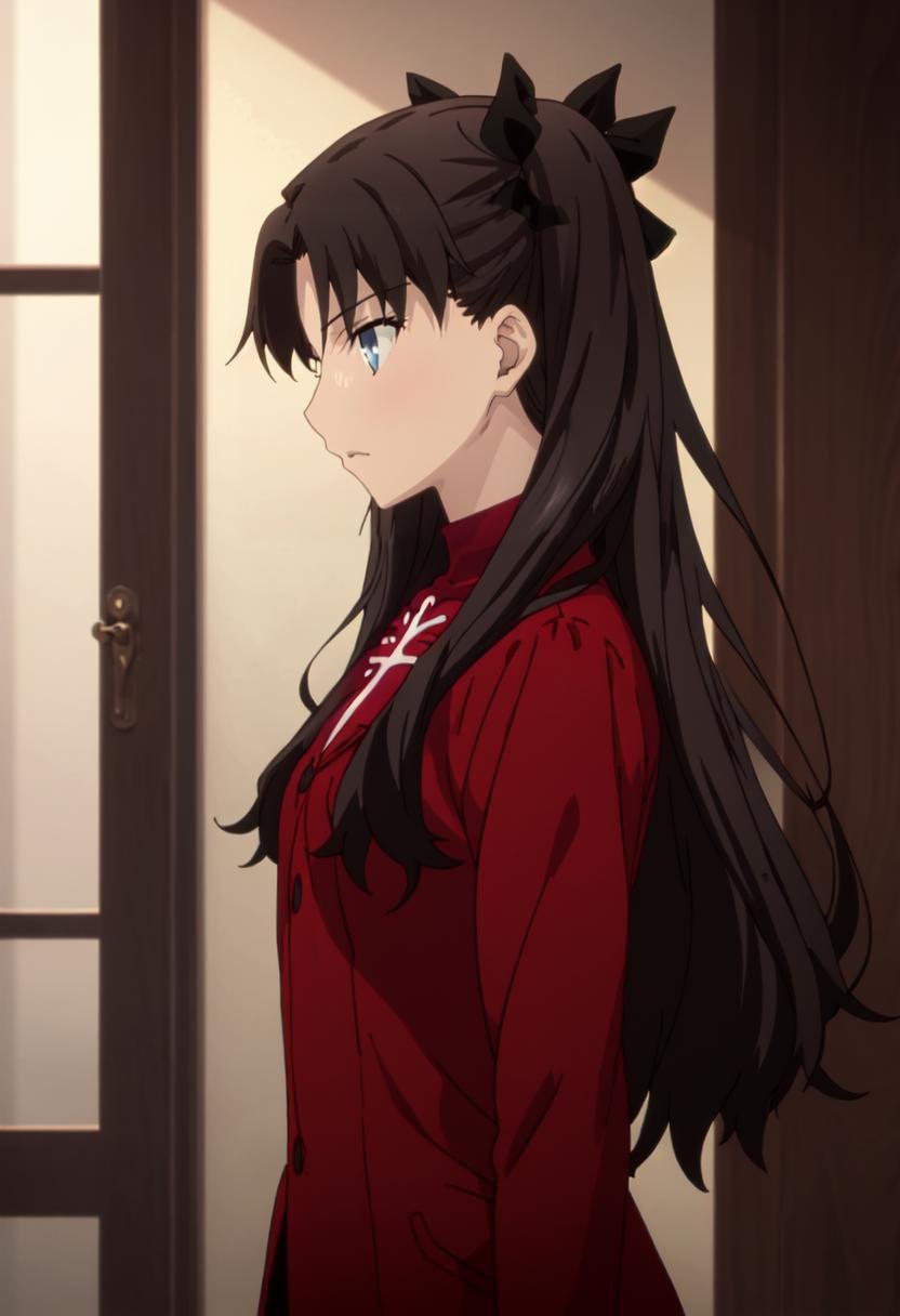 best quality, masterpiece, highres, solo, (tohsaka_rin_fatestaynightufotable:1.10), 1girl, profile, anime_coloring, from_side, upper_body, anime_style, 6 <lora:tohsaka_rin_fatestaynightufotable:0.80>