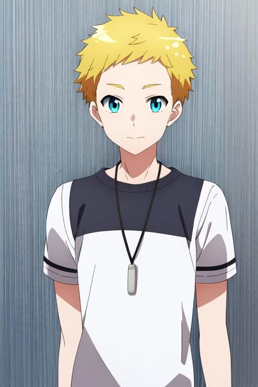 masterpiece, best quality, wallpaper, 1boy, solo, male focus, looking at viewer, , , anime coloring, , <lora:riri_romantic_killer:0.76>, riri_romantic_killer_boy, blonde hair, aqua eyes