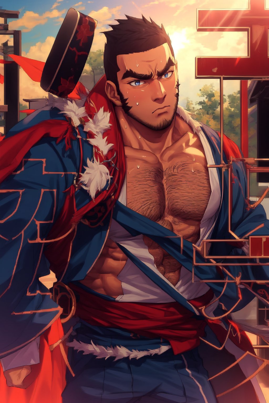 solo, 1_man, 1_character, masculine, square_jawline, white_shirt, shirt, hairy, buzz_cut, black hair, short hair, long sideburns, stubble, japanese_clothes, kimono, ainu_clothes, beefcake, muscular, open_jacket, open_clothes, frown, abs, thick_eyebrows, pectroals, muscular_male, bara, navel_hair, very_hairy, arm_hair, white_background, large_pectorals, mature_male, very_short_hair, open_clothes, open_kimono, chest_hair, pectoral_cleavage, hairy, pectoral_focus, tanigaki, perfect anatomy, perfect proportions, (best quality, masterpiece), (perfect eyes, perfect eye pupil), perfect hands, high_resolution, dutch angle, outside, shiny skin, sweaty, best quality, masterpiece, intricate details,best quality,nijimale