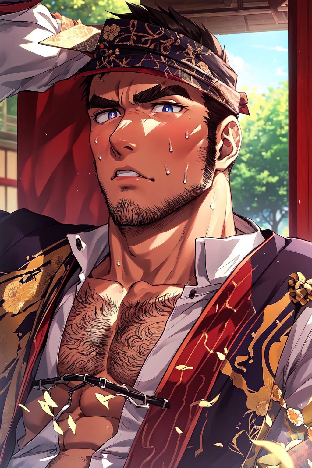 solo, 1_man, 1_character, masculine, square_jawline, white_shirt, shirt, hairy, buzz_cut, black hair, short hair, long sideburns, stubble, japanese_clothes, kimono, ainu_clothes, beefcake, muscular, open_jacket, open_clothes, frown, abs, thick_eyebrows, pectroals, muscular_male, bara, navel_hair, very_hairy, arm_hair, white_background, large_pectorals, mature_male, very_short_hair, open_clothes, open_kimono, chest_hair, pectoral_cleavage, hairy, pectoral_focus, tanigaki, perfect anatomy, perfect proportions, (best quality, masterpiece), (perfect eyes, perfect eye pupil), perfect hands, high_resolution, dutch angle, outside, shiny skin, sweaty, best quality, masterpiece, intricate details,best quality,nijimale