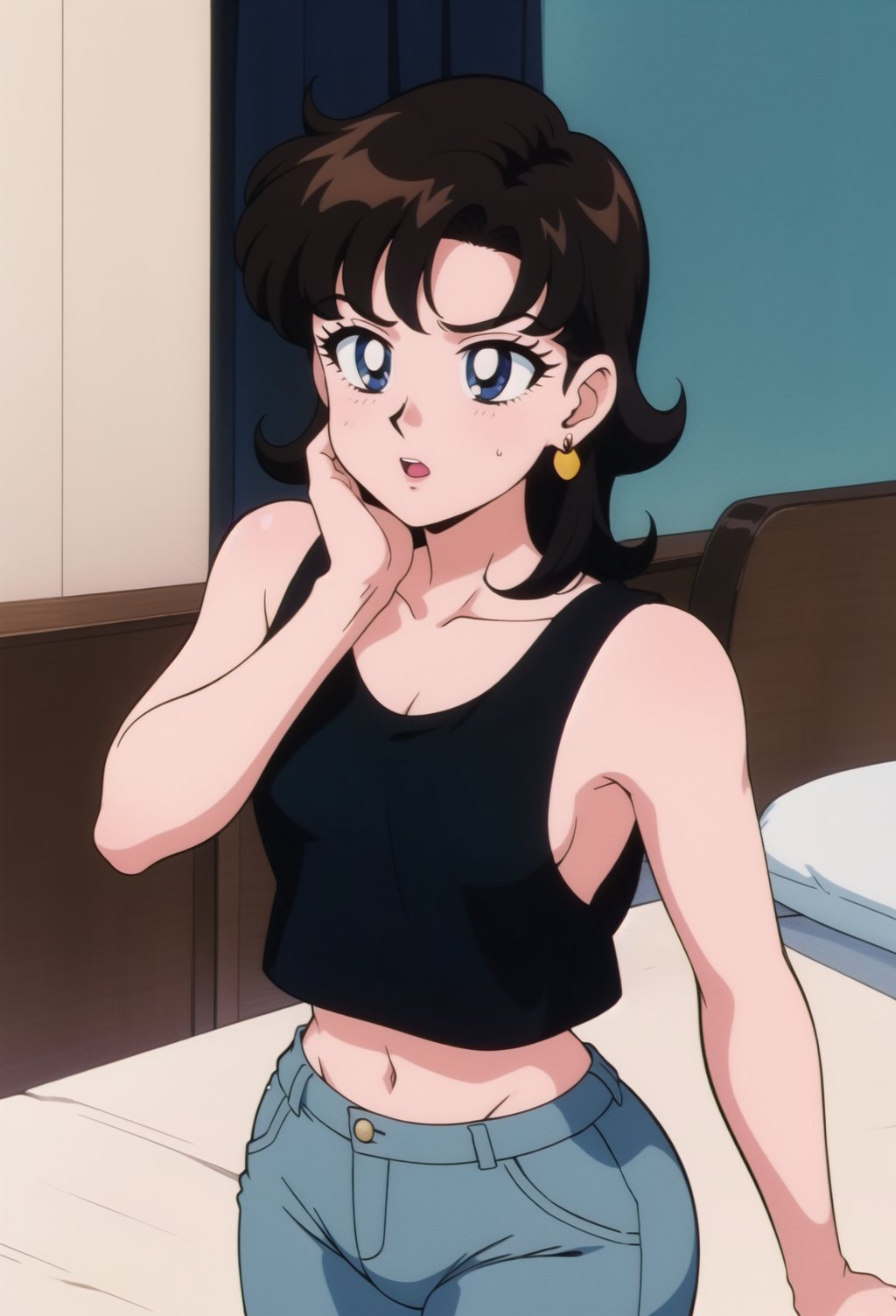 Miki Saegusa, curly short bob curvy bang brown hair, brown eyes, curvy wide hips, Bootylicious, Brown vest, white shirt, short sleeves, earrings, boots, grey pants, bedroom, masterpiece,  best quality,  detailed face,  detailed eyes,  highres, 80s Anime ,EPTakeuchiNaokoStyle