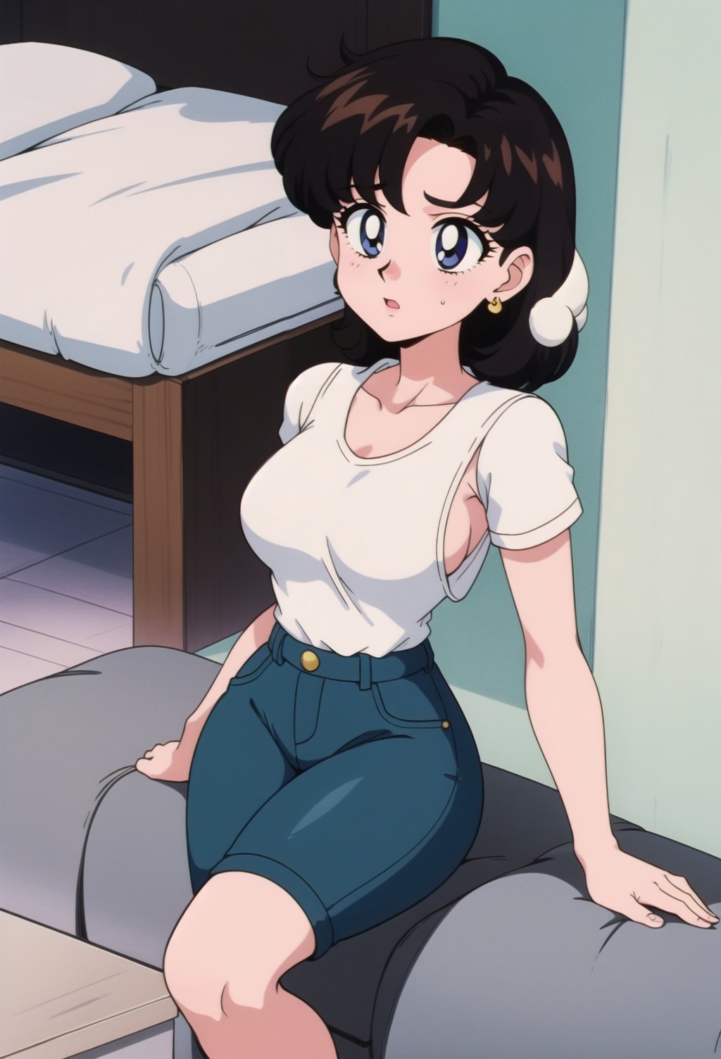 Miki Saegusa, curly short bob curvy bang brown hair, brown eyes, curvy wide hips, Bootylicious, Brown vest, white shirt, short sleeves, earrings, boots, grey pants, bedroom, masterpiece,  best quality,  detailed face,  detailed eyes,  highres, 80s Anime ,EPTakeuchiNaokoStyle