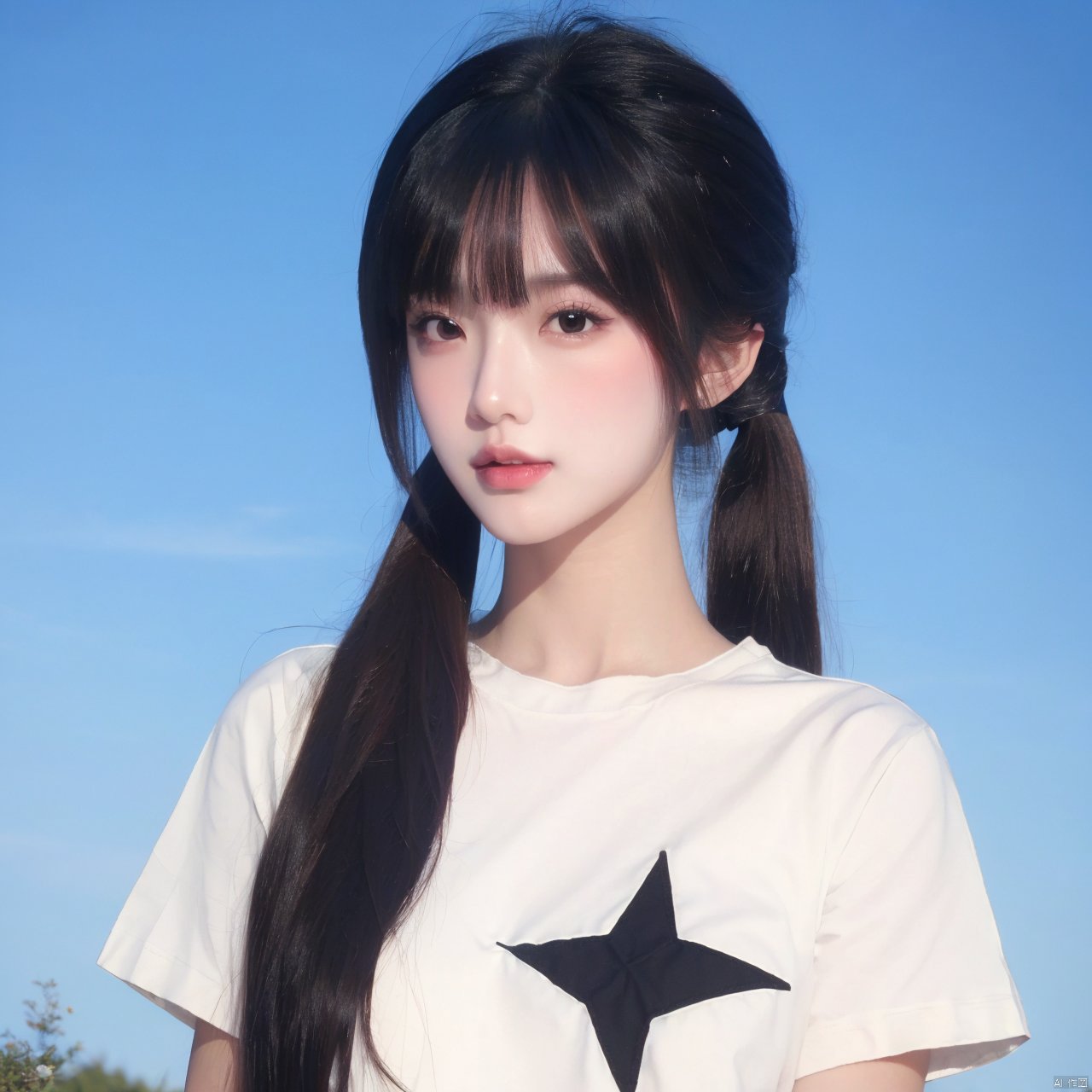  1girl, solo, long hair, looking at viewer, bangs, shirt, black hair, hair ornament, twintails, brown eyes, closed mouth, upper body, short sleeves, outdoors, sky, day, star \(symbol\), black eyes, blue sky, lips, clothes writing, star hair ornament, realistic, photo background, Double Ponytail