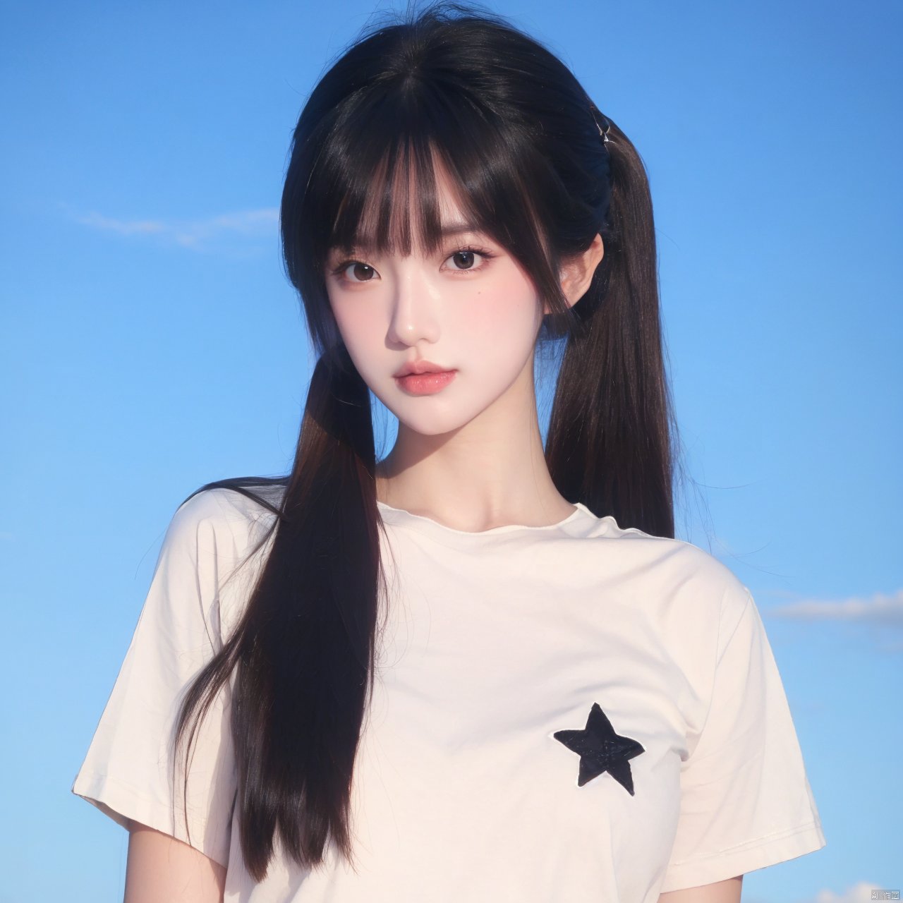  1girl, solo, long hair, looking at viewer, bangs, shirt, black hair, hair ornament, twintails, brown eyes, closed mouth, upper body, short sleeves, outdoors, sky, day, star \(symbol\), black eyes, blue sky, lips, clothes writing, star hair ornament, realistic, photo background, Double Ponytail