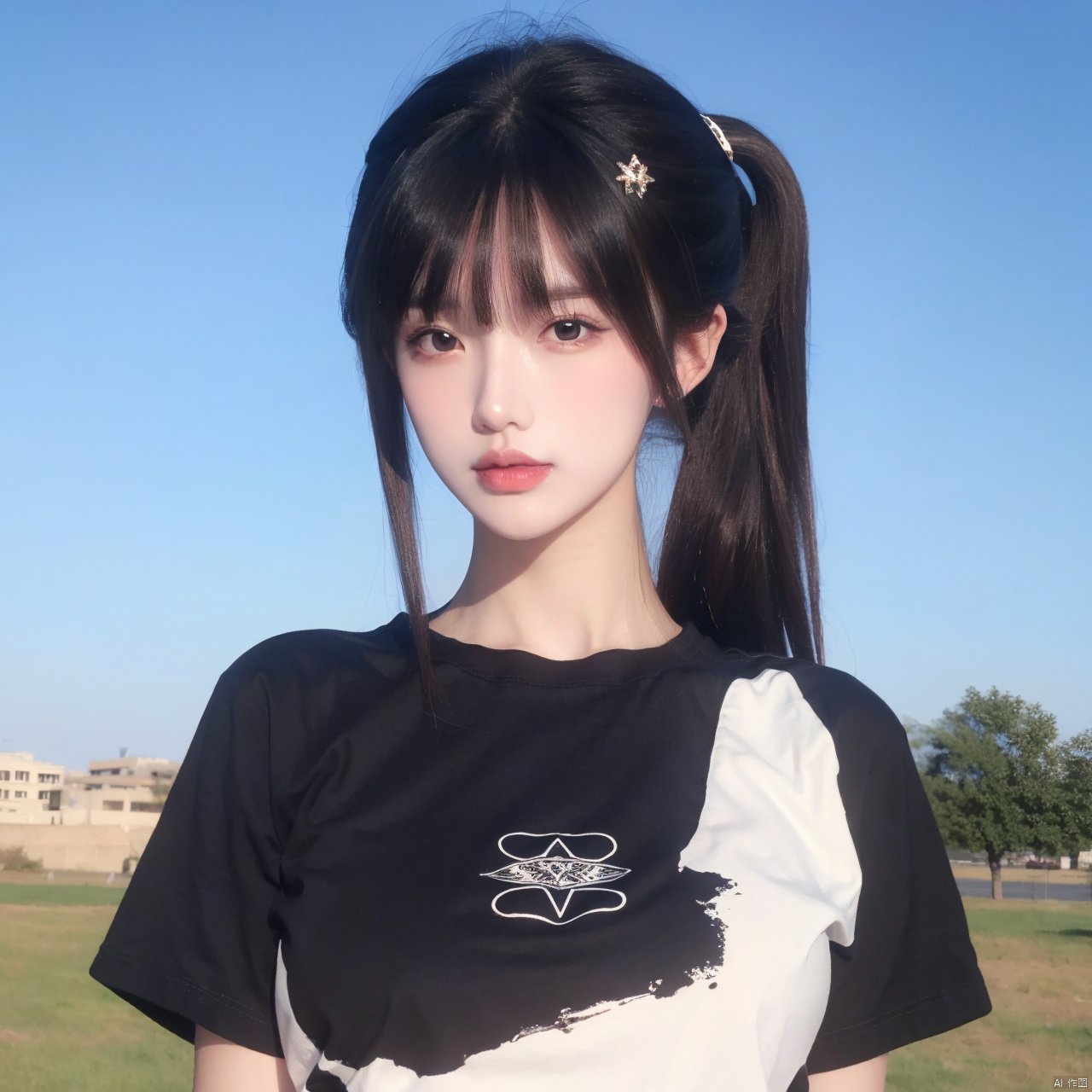  1girl, solo, long hair, looking at viewer, bangs, shirt, black hair, hair ornament, twintails, brown eyes, closed mouth, upper body, short sleeves, outdoors, sky, day, star \(symbol\), black eyes, blue sky, lips, clothes writing, star hair ornament, realistic, photo background, Double Ponytail