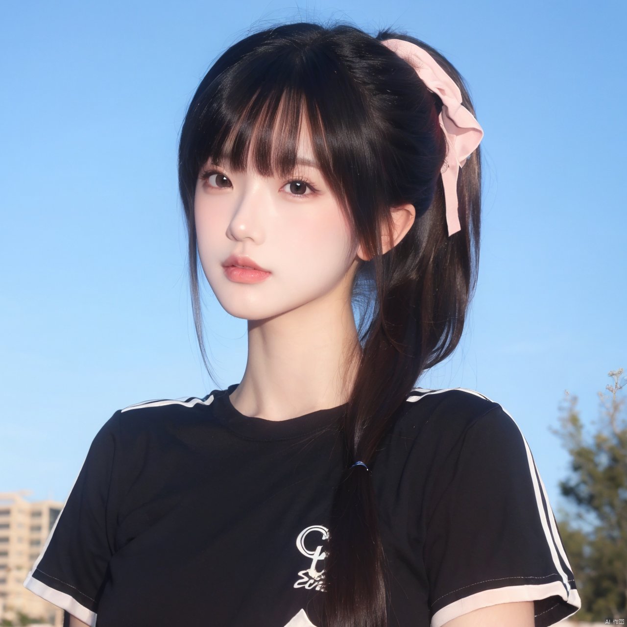  1girl, solo, long hair, looking at viewer, bangs, shirt, black hair, hair ornament, twintails, brown eyes, closed mouth, upper body, short sleeves, outdoors, sky, day, star \(symbol\), black eyes, blue sky, lips, clothes writing, star hair ornament, realistic, photo background, Double Ponytail,
A girl with two ponytails and pink short sleeves, hairpin, cute, facing the audience