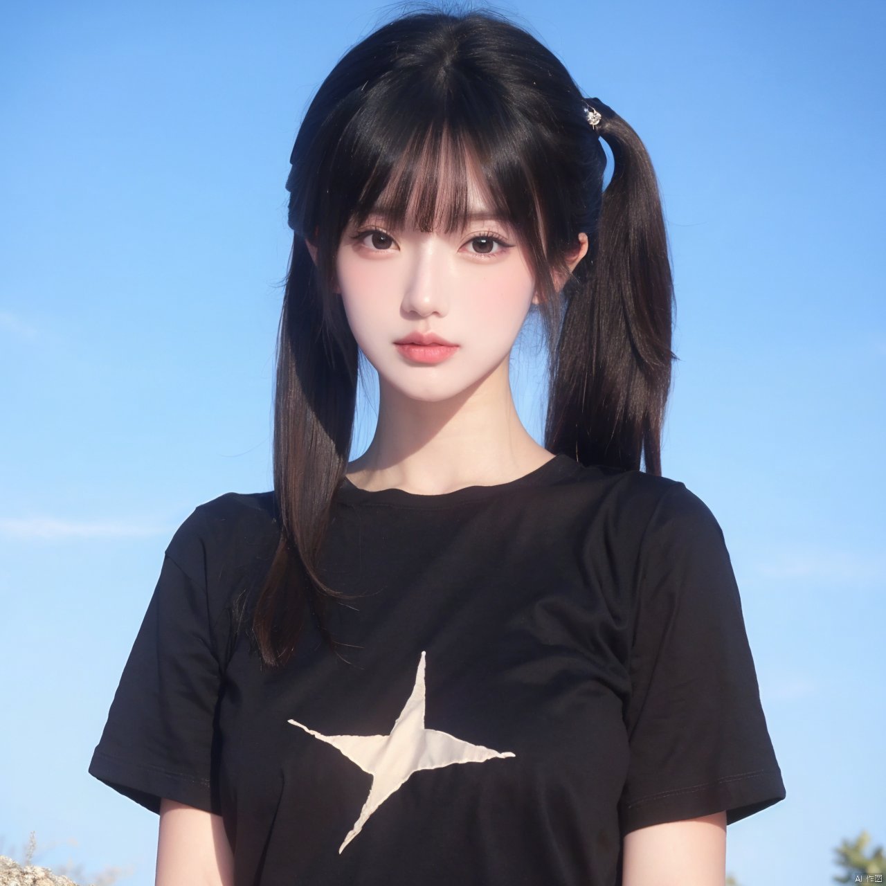  1girl, solo, long hair, looking at viewer, bangs, shirt, black hair, hair ornament, twintails, brown eyes, closed mouth, upper body, short sleeves, outdoors, sky, day, star \(symbol\), black eyes, blue sky, lips, clothes writing, star hair ornament, realistic, photo background, Double Ponytail