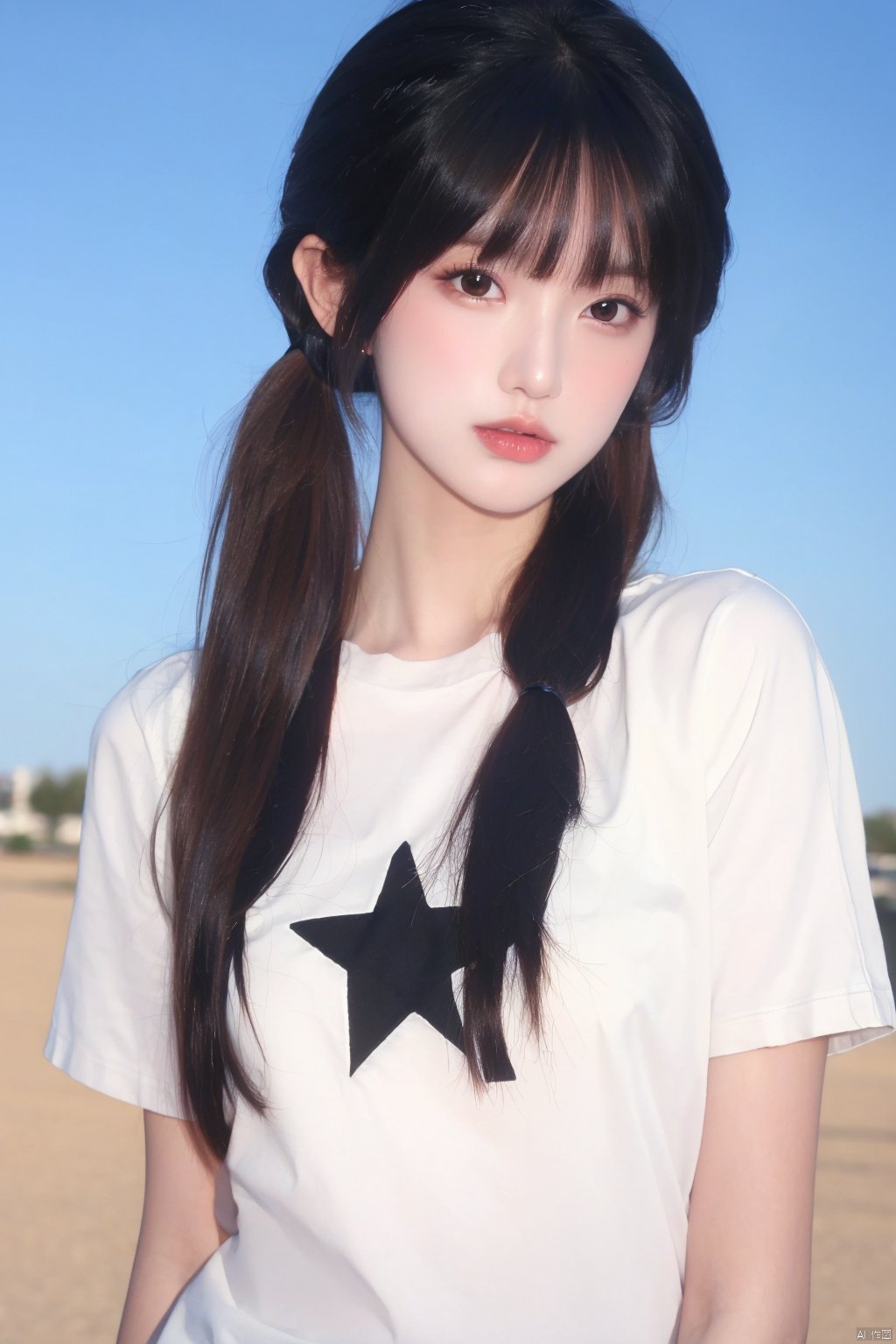 1girl, solo, long hair, looking at viewer, bangs, shirt, black hair, hair ornament, twintails, brown eyes, closed mouth, upper body, short sleeves, outdoors, sky, day, star \(symbol\), black eyes, blue sky, lips, clothes writing, star hair ornament, realistic, photo background, Double Ponytail