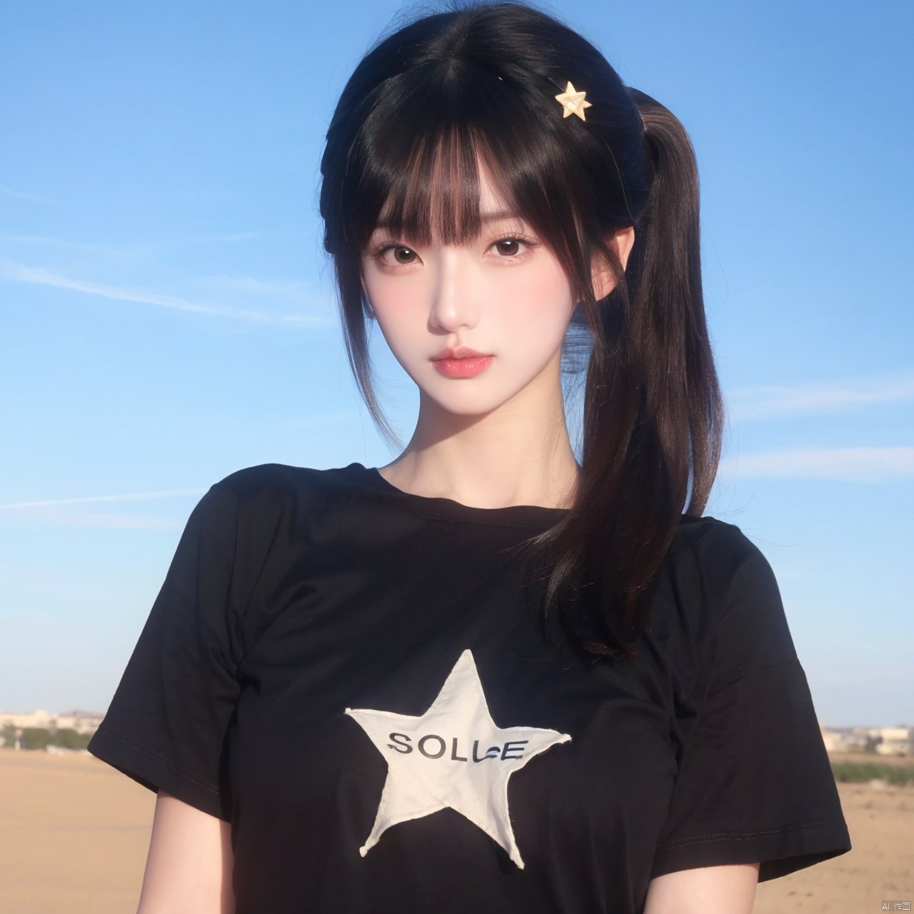  1girl, solo, long hair, looking at viewer, bangs, shirt, black hair, hair ornament, twintails, brown eyes, closed mouth, upper body, short sleeves, outdoors, sky, day, star \(symbol\), black eyes, blue sky, lips, clothes writing, star hair ornament, realistic, photo background, Double Ponytail, hairpin