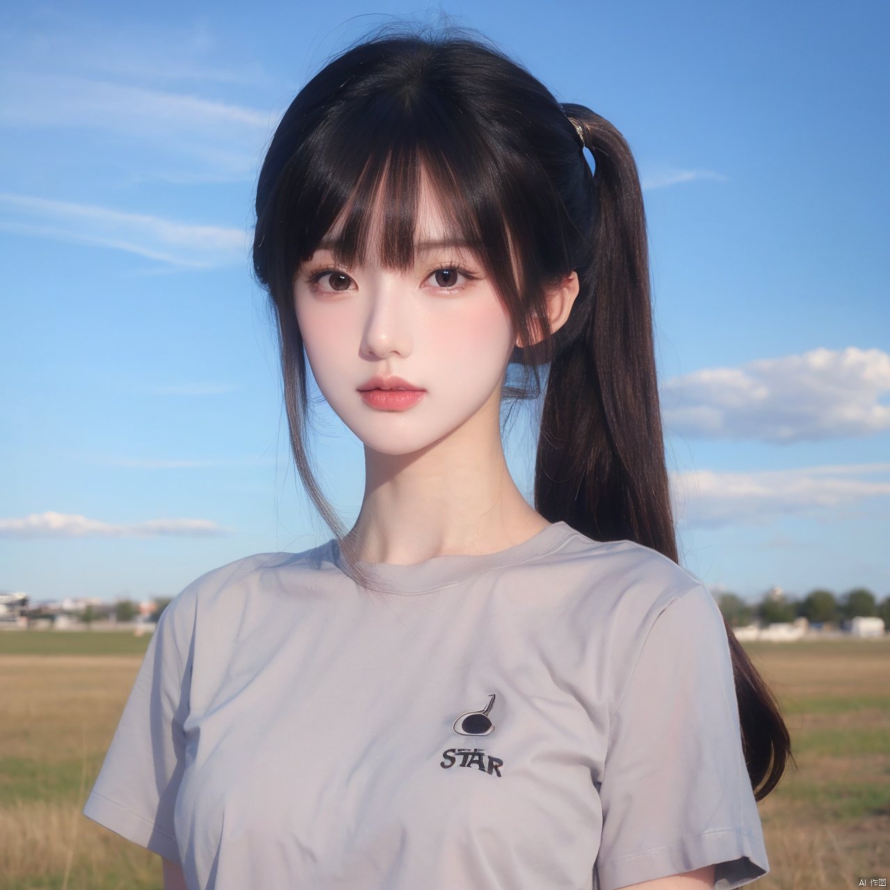  1girl, solo, long hair, looking at viewer, bangs, shirt, black hair, hair ornament, twintails, brown eyes, closed mouth, upper body, short sleeves, outdoors, sky, day, star \(symbol\), black eyes, blue sky, lips, clothes writing, star hair ornament, realistic, photo background, Double Ponytail, hairpin