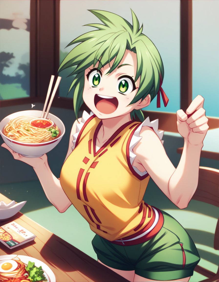 <lora:elnie-ponyxl-000022:1> elnie,elniedef, sleeveless shirt, yellow shirt, shorts, green shorts,1girl, excited, table, ramen, score_9, score_8_up, score_7_up, score_6_up, score_5_up, score_4_up