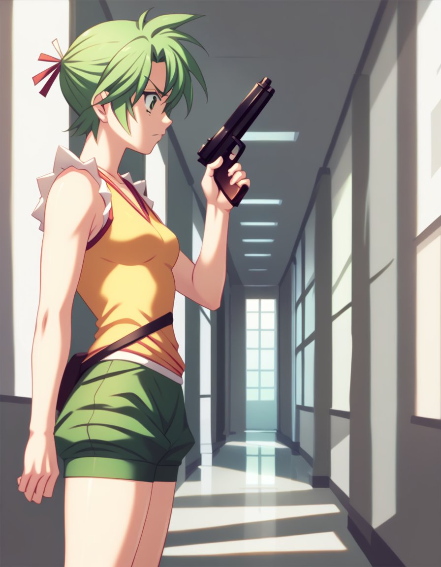 <lora:elnie-ponyxl-000022:1> elnie,elniedef, sleeveless shirt, yellow shirt, shorts, green shorts,1girl, solo, hallway, from side, holding gun, serious, rubble, looking down, score_9, score_8_up, score_7_up, score_6_up, score_5_up, score_4_up