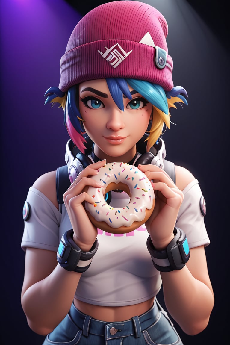 score_9, score_8_up, score_7_up, score_6_up, hi-res, 8k, 2.5d,medium shot, concert stage,  looking at viewer,  solo focus,headphones,  beanie, multicolored hair , holding a big donut  ,KIRIKOLS,  BEANIE, MULTICOLORED HAIR, perfect light 