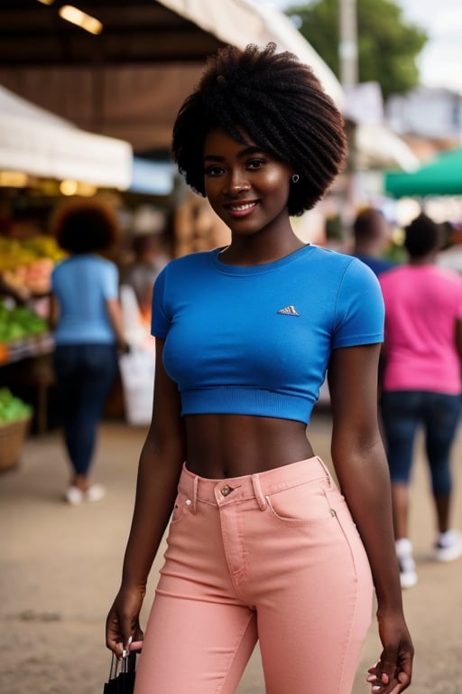 1girl, African in her 20s,  beautiful, smile, whole body,  long legs, slender figure, oval face, high cheekbones, sharp-focus: 1.2,  perfect body shape: 1.4,  slender abs: 1.1,  ((extra short cropped afro, small breasts: 1.2)),  ((standing in a market full of shoppers)), wearing a pink t-shirt and blue jeans, highly detailed face,  highly detailed dark skin texture,  detailed eye,  ((daytime,  best-quality,  8K,  masterpiece: 1.3)), ,Ebony