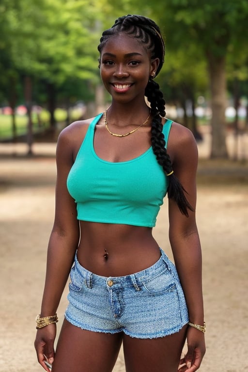 1girl, African in her 20s,  beautiful, smile, whole body,  long legs, slender figure, oval face, high cheekbones, sharp-focus: 1.2,  perfect body shape: 1.4,  slender abs: 1.1,  ((short cropped braided hair, small breasts: 1.2)),  ((standing in a park)), wearing a green tank top and denim shorts with gold necklace, highly detailed face,  highly detailed dark skin texture,  detailed eye,  ((daytime,  best-quality,  8K,  masterpiece: 1.3)), ,Ebony