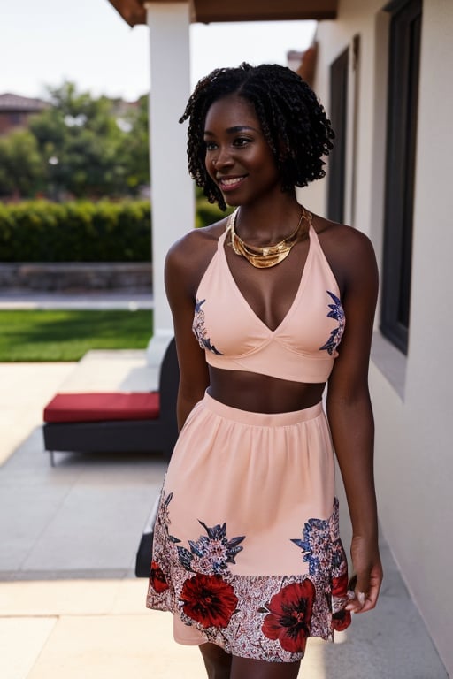 1girl, African in her 20s,  beautiful, smile, whole body,  long legs, slender figure, oval face, high cheekbones, sharp-focus: 1.2,  perfect body shape: 1.4,  slender abs: 1.1,  ((short cropped hair, small breasts: 1.2)),  ((standing in patio)), wearing a flowing floral summer dress with gold necklace, highly detailed face,  highly detailed dark skin texture,  detailed eye,  ((daytime,  best-quality,  8K,  masterpiece: 1.3)), ,Ebony