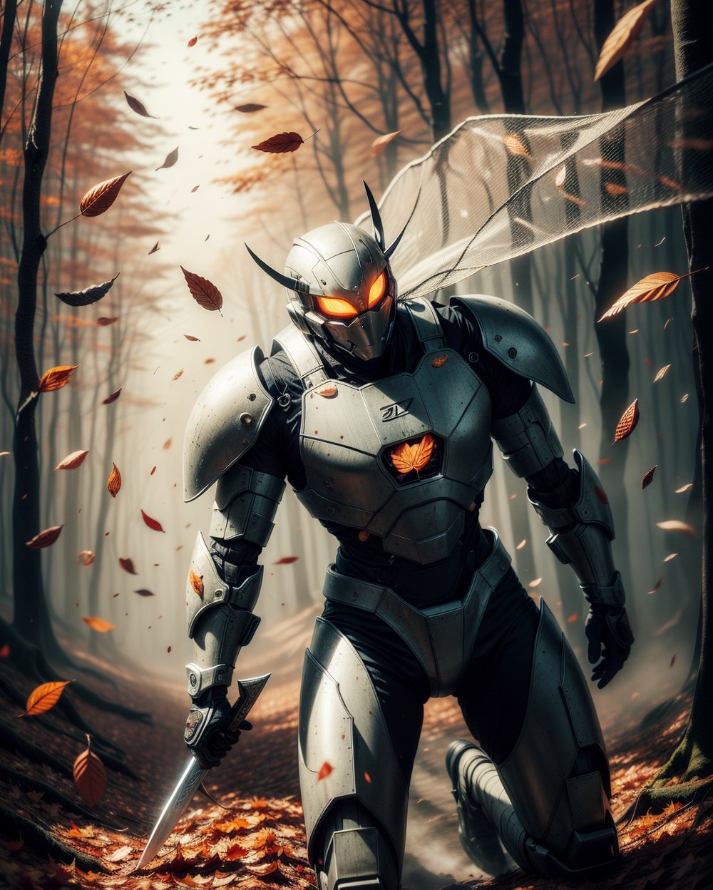 vintage style picture, half_body, 1man, dinamic_pose, intricate futuristic mecha armour suit, white and black, face mask, neon, holding a sword, standing in the forest, vegies, (((autumn leaf drop to the ground, flying autumn leaf))), seround by mist, gritty, dusty, photohyperrealistic, highly detailed, hyper realistic, with dramatic polarizing filter, sharp focus, HDR, UHD, 64K, 16mm, color graded portra 400 film, remarkable color, ultra realistic,,ABMautumnleaf,Extremely Realistic