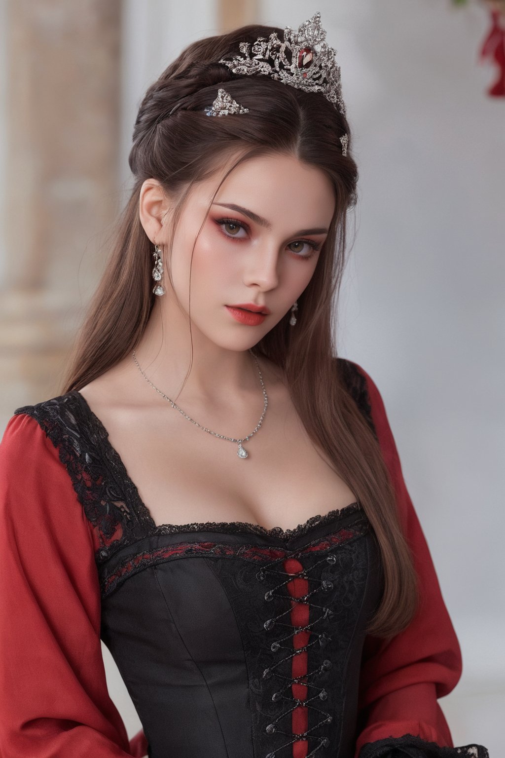 (ultra realistic,best quality),photorealistic,Extremely Realistic, in depth, cinematic light,hubggirl,

1girl, professional photoshot, red and black gothic clothing, beautiful model, very detailed brown hair, incredibly detailed red eyes, elegant and aesthetic pose, very detailed outfit, 