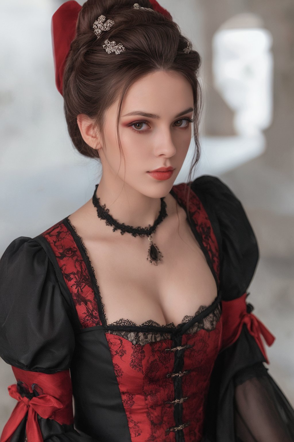 (ultra realistic,best quality),photorealistic,Extremely Realistic, in depth, cinematic light,hubggirl,

1girl, professional photoshot, red and black gothic clothing, beautiful model, very detailed brown hair, incredibly detailed red eyes, elegant and aesthetic pose, very detailed outfit, 