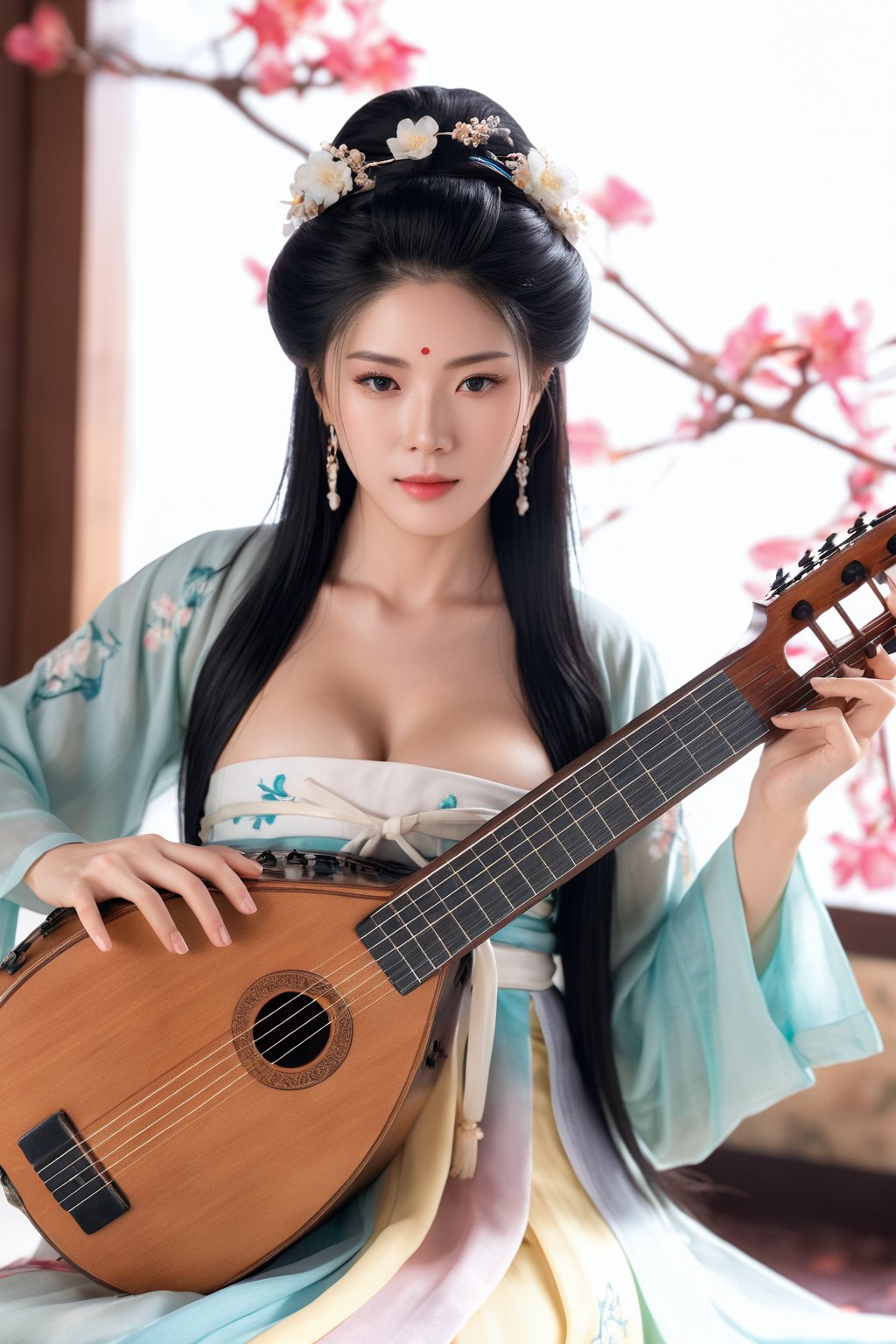(ultra realistic,best quality),photorealistic,Extremely Realistic, in depth, cinematic light,hubgwomen,hubg_beauty_girl,

 1girl, solo, big breasts, black long hair, dress, cleavage, flower, playing instrument, holding instrument, hanfu, lute \(instrument\),

intricate background, realism,realistic,raw,analog,portrait,photorealistic,
taken by Canon EOS,SIGMA Art Lens 35mm F1.4,ISO 200 Shutter Speed 2000,Vivid picture