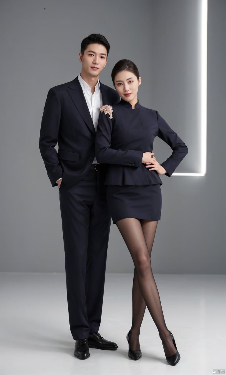  1man and 1woman,handsome,pretty,standing,Asian,exquisite facial features,affectionate,charming eyes,suit,skirt,pantyhose,high heels,Volumetric lighting,High-end fashion photoshoot,masterpiece,realistic,best quality,highly detailed, jzns, plns,kongjie