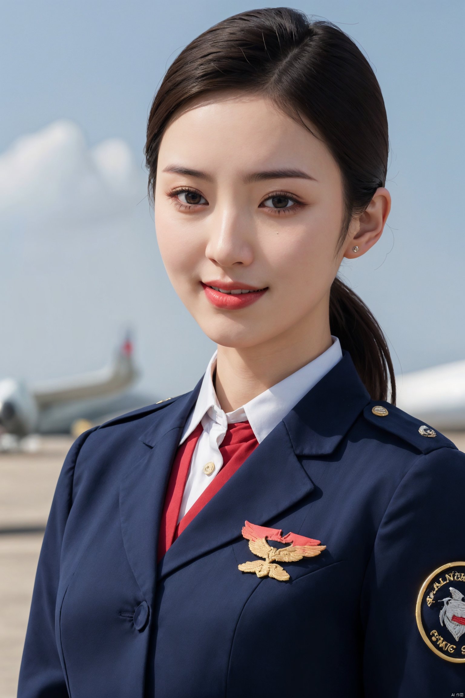 plns,kongjie,1girl,aviation uniforms,asian,pretty,Charming,exquisite facial features,blurry,(masterpiece, realistic, best quality, highly detailed, profession),