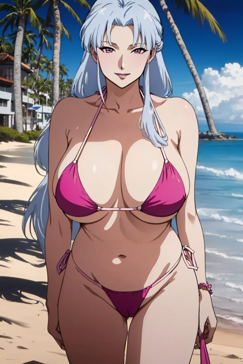 (( white long hair )) , Gorgeous  30 year old MILF, huge natural Breast ,   , ((  pink bikini )) , (( standing ,   beach , palms tree, looking for viewer)) , (( by front )) , (( :1.3)) , ((  )) , (( )) , (( )) , flirty look, full_body view, presenting her sexy outfit, different poses, (looking at the camera), ,hd image, 8 k resolution , close shot , nsfw , ((Photograph by Holly Randall), (Award Winning Best Fashion Photography), Masterpiece, hot with cinematic camera, (cinematic, film grain:1.1), Visible Face, no accessories on Face, no accessories on body, RAW candid cinema, Canon 5D, 85mm, High Resolution Scan, color graded portrait 400 film, remarkable color, ultra realistic, (( circle light )),dream_girl,Milf,mature female,FW.NUSH,Aiko Katsuragi,AojikaMizuho,ShirakawaRuna