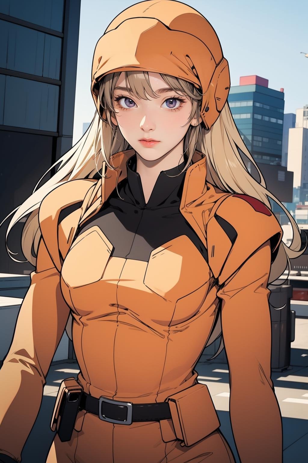 <lora:GoodHands-手beta2:1>,solo,1girl,cityscape,standing,blonde hair,<lora:0362 gundam victory zanscare pilot suit_v1:1>,ruanyi0362,bodysuit,gloves,helmet,belt,, best quality,masterpiece,highres,official art,extremely detailed cg unity 8k wallpaper