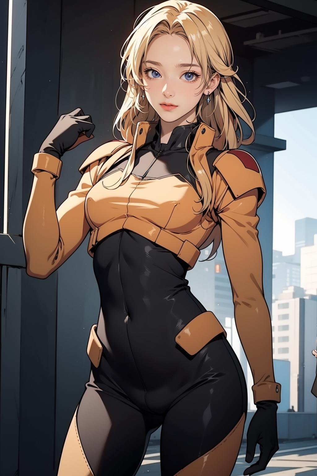 <lora:GoodHands-手beta2:1>,solo,1girl,cityscape,standing,blonde hair,<lora:0362 gundam victory zanscare pilot suit_v1:1>,ruanyi0362,bodysuit,gloves,helmet,, best quality,masterpiece,highres,official art,extremely detailed cg unity 8k wallpaper
