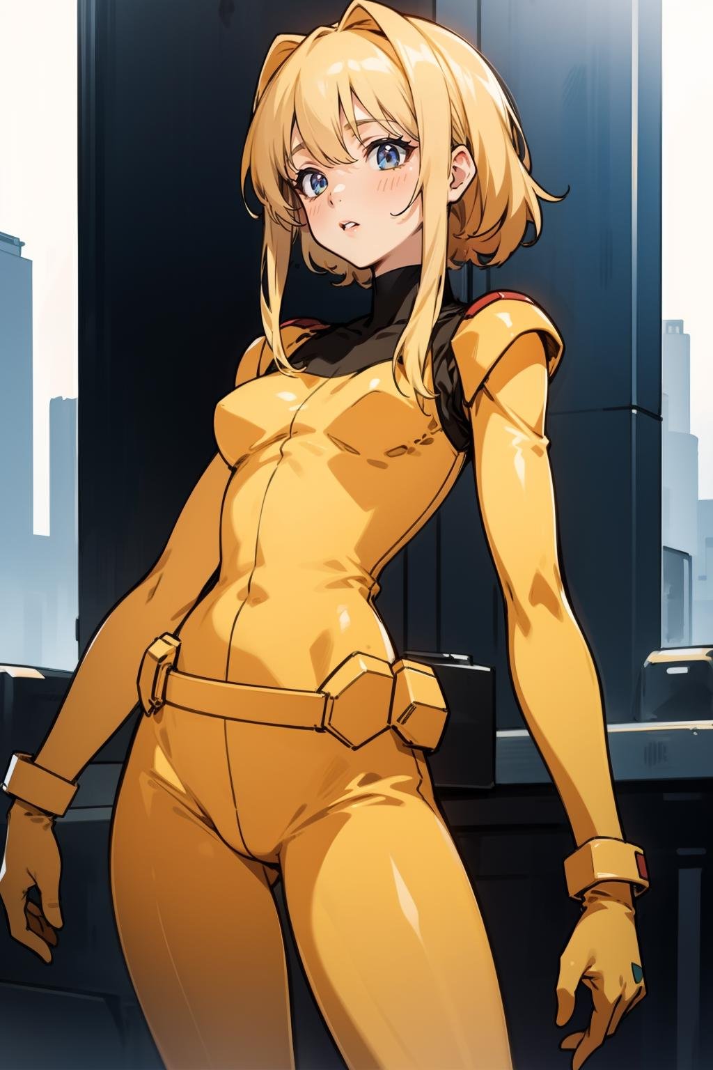<lora:GoodHands-手beta2:1>,solo,1girl,cityscape,standing,blonde hair,<lora:0362 gundam victory zanscare pilot suit_v1:1>,ruanyi0362,bodysuit,gloves,belt,yellow bodysuit,, best quality,masterpiece,highres,official art,extremely detailed cg unity 8k wallpaper