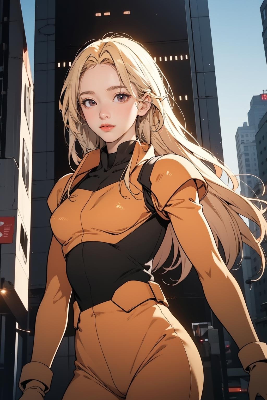 <lora:GoodHands-手beta2:1>,solo,1girl,cityscape,standing,blonde hair,<lora:0362 gundam victory zanscare pilot suit_v1:1>,ruanyi0362,bodysuit,gloves,, best quality,masterpiece,highres,official art,extremely detailed cg unity 8k wallpaper