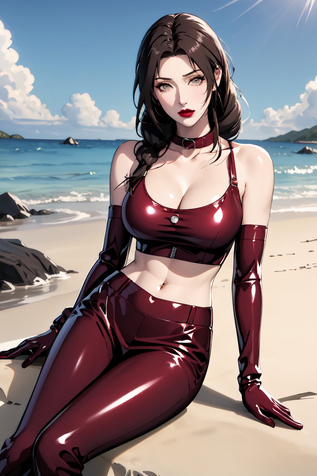 {best quality},masterpiece,illustration,portrait,(solo),brown hair,very long hair,braid,grey eyes,lipstick,red latex cloth,elbow gloves,collar,large_breast,cleavage,navel,midriff,boots,incredibly absurdres,high detail eyes ,highres,game cg,sitting,beach,clouds,outdoor,sunlight,armpit,mature female,NARUTO,full_body,bare_shoulder,thigh,meiren