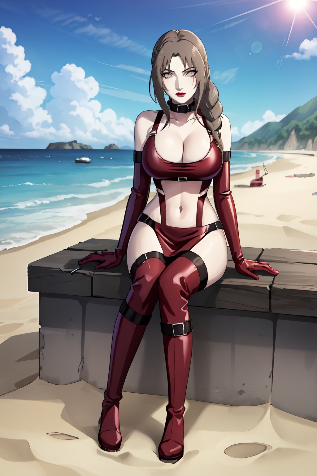 {best quality},masterpiece,illustration,portrait,(solo),brown hair,very long hair,braid,grey eyes,lipstick,red latex cloth,elbow gloves,collar,large_breast,cleavage,navel,midriff,boots,incredibly absurdres,high detail eyes ,highres,game cg,sitting,beach,clouds,outdoor,sunlight,armpit,mature female,NARUTO,full_body,bare_shoulder,thigh,