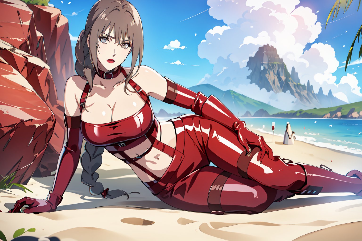 {best quality},masterpiece,illustration,portrait,(solo),brown hair,very long hair,braid,grey eyes,lipstick,red latex cloth,elbow gloves,collar,large_breast,cleavage,navel,midriff,boots,incredibly absurdres,high detail eyes ,highres,game cg,sitting,beach,clouds,outdoor,sunlight,armpit,mature female,NARUTO,full_body,bare_shoulder,thigh,