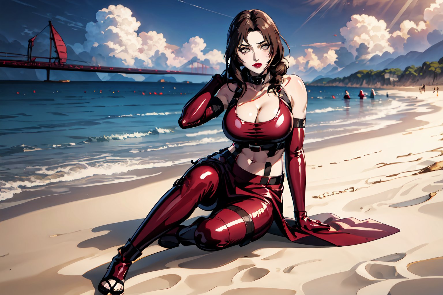 {best quality},masterpiece,illustration,portrait,(solo),brown hair,very long hair,braid,grey eyes,lipstick,red latex cloth,elbow gloves,collar,large_breast,cleavage,navel,midriff,boots,incredibly absurdres,high detail eyes ,highres,game cg,sitting,beach,clouds,outdoor,sunlight,armpit,mature female,NARUTO,full_body,bare_shoulder,thigh,meiren