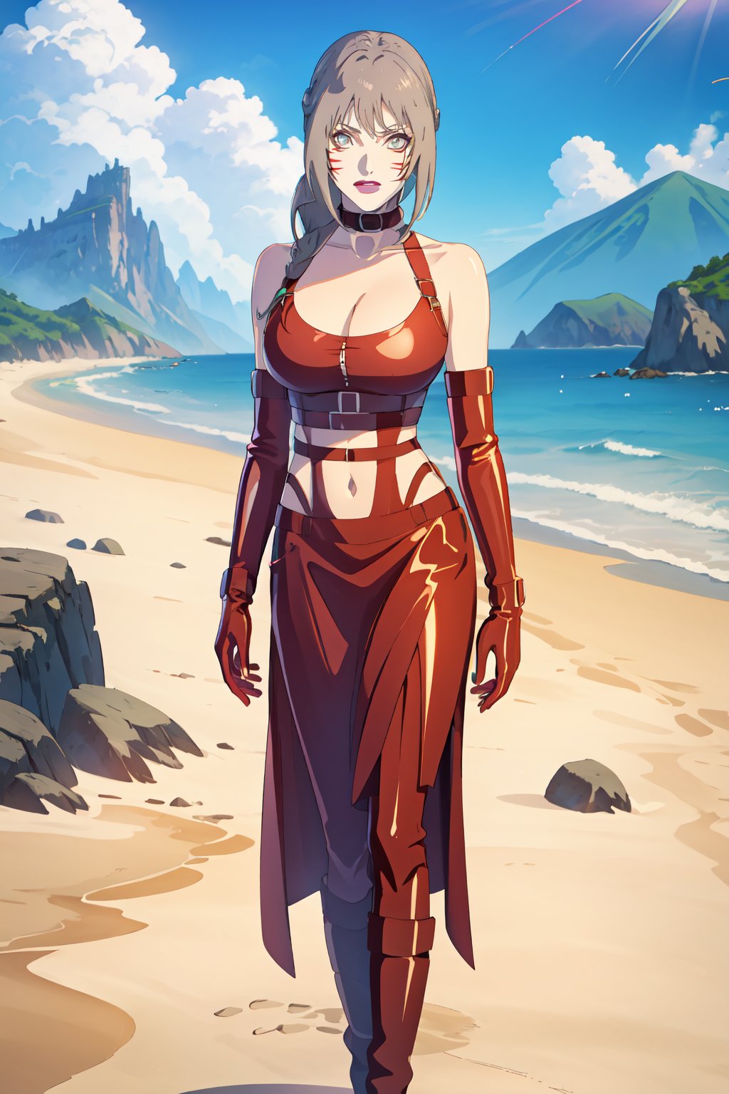 {best quality},masterpiece,illustration,portrait,(solo),brown hair,very long hair,braid,grey eyes,lipstick,facial mark,red latex cloth,elbow gloves,collar,large_breast,cleavage,navel,midriff,boots,incredibly absurdres,high detail eyes ,highres,game cg,standing,beach,clouds,outdoor,sunlight,cowboy_shot,armpit,mature female,NARUTO,full_body,bare_shoulder