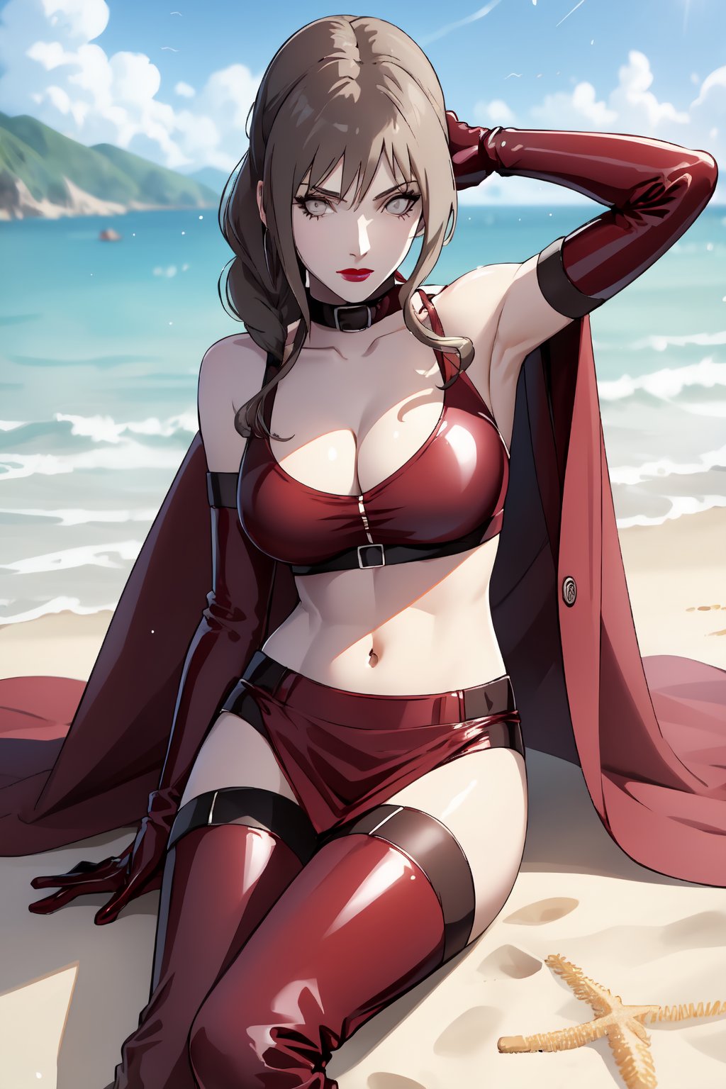 {best quality},masterpiece,illustration,portrait,(solo),brown hair,very long hair,braid,grey eyes,lipstick,red latex cloth,elbow gloves,collar,large_breast,cleavage,navel,midriff,boots,incredibly absurdres,high detail eyes ,highres,game cg,sitting,beach,clouds,outdoor,sunlight,armpit,mature female,NARUTO,full_body,bare_shoulder,thigh,