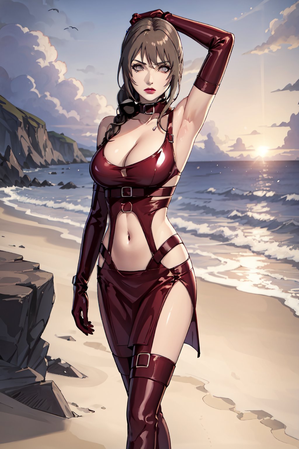 {best quality},masterpiece,illustration,portrait,(solo),brown hair,very long hair,braid,grey eyes,lipstick,red latex cloth,elbow gloves,collar,large_breast,cleavage,navel,midriff,boots,incredibly absurdres,high detail eyes ,highres,game cg,standing,beach,clouds,outdoor,sunlight,cowboy_shot,armpit,mature female,NARUTO,full_body,bare_shoulder,thigh,Gugu,fcloseup