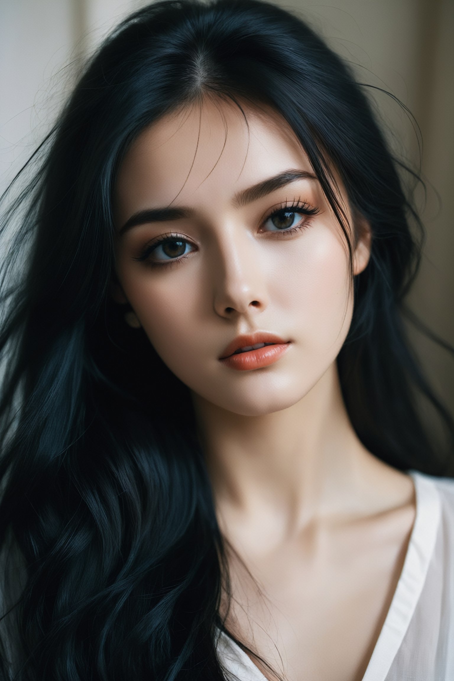 26 y.o. russian girl, eyeshadow, long eyelashes, (messy hair:0.6), film photography aesthetic, long black hair, dynamic composition, skin texture, sharp focus, hard shadows