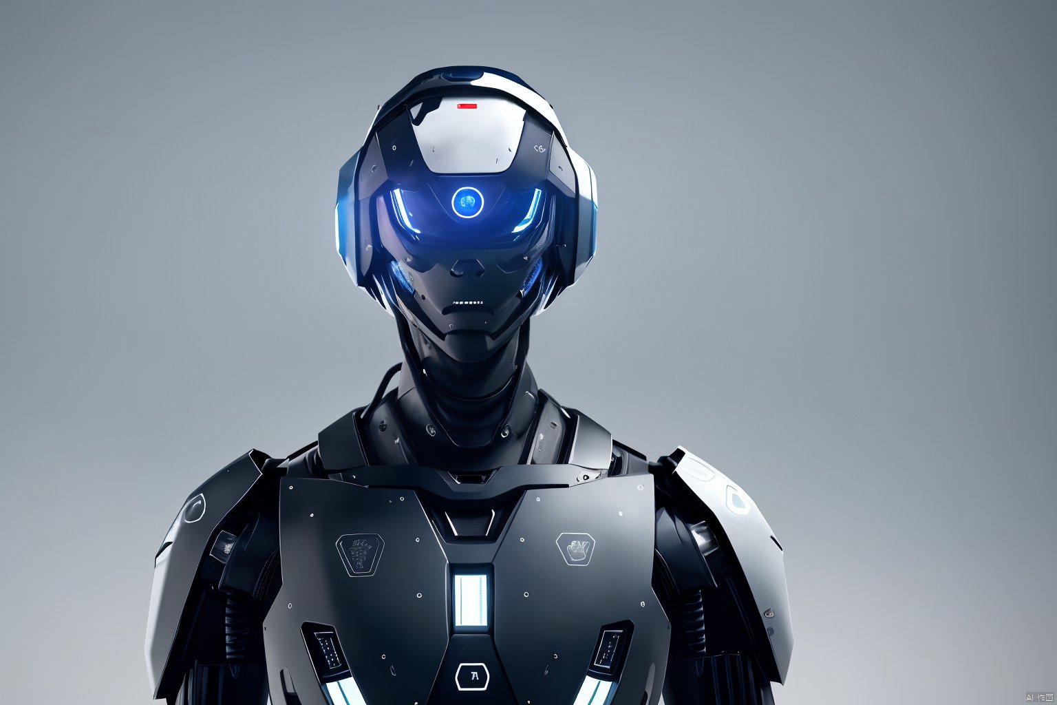 solo, blue eyes, upper body, grey background, no humans, glowing, robot, mecha, glowing eyes, science fiction