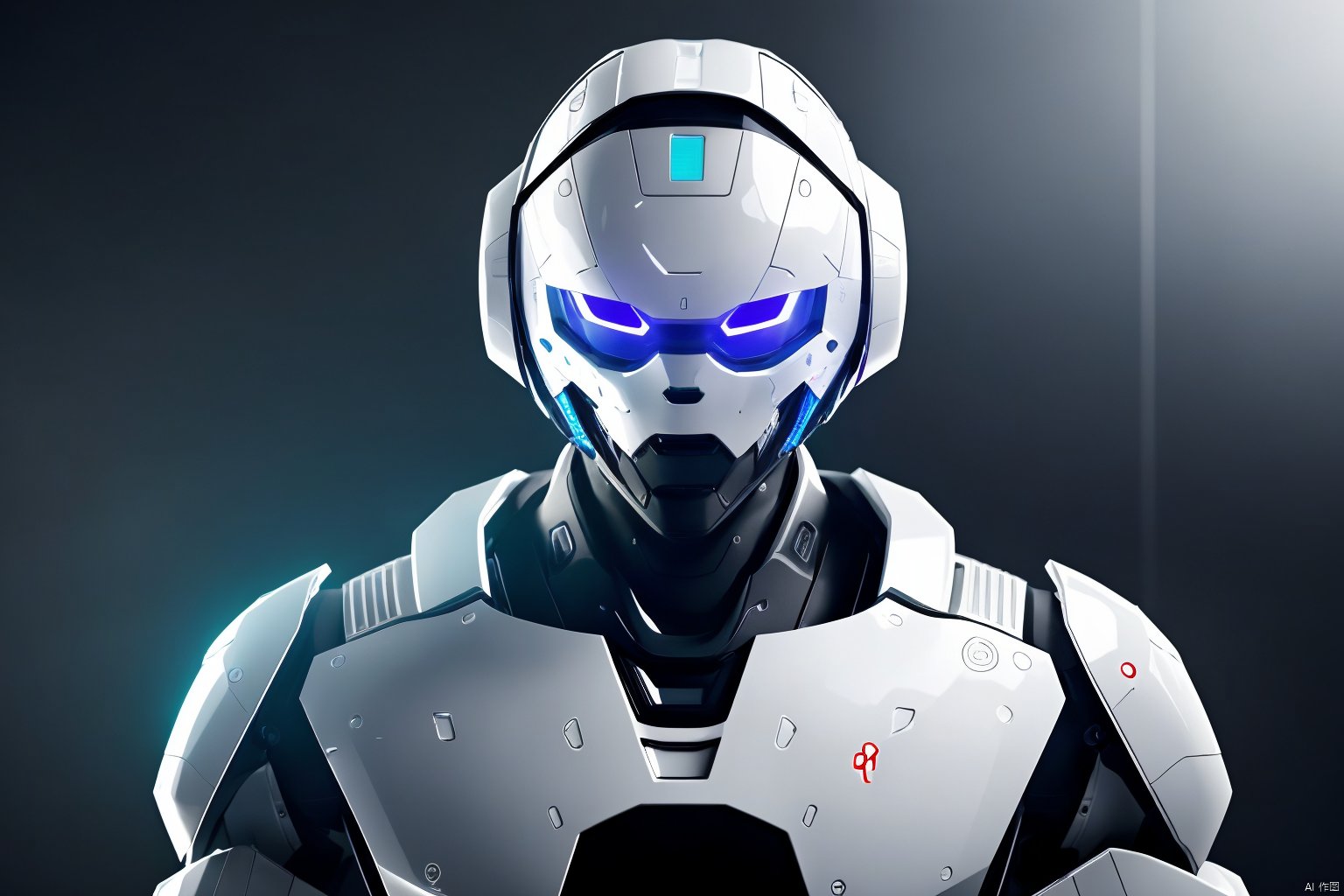 solo, blue eyes, upper body, grey background, no humans, glowing, robot, mecha, glowing eyes, science fiction